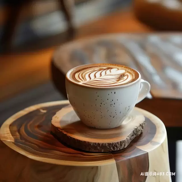 在现代桌子上的可爱杯子上提供热咖啡的专业照片