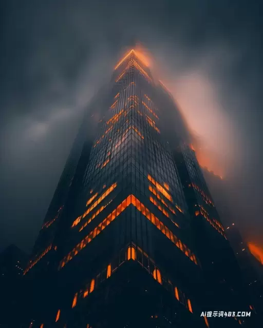 雾中照明玻璃摩天大楼的迷人夜景