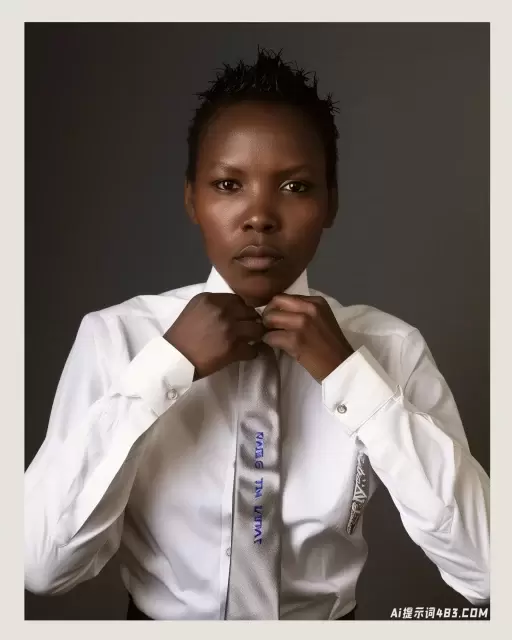 非洲妇女在白衬衫和领带的工作室肖像