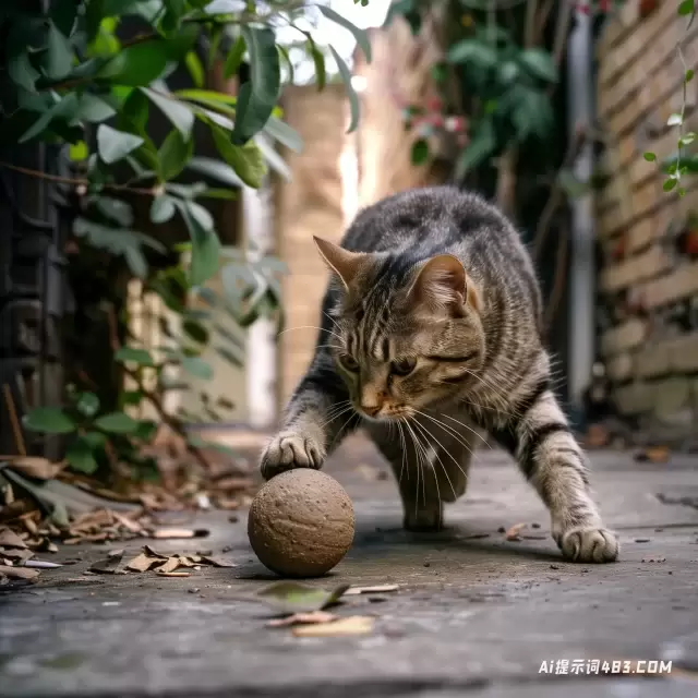 猫在露台上玩球的迷人图像