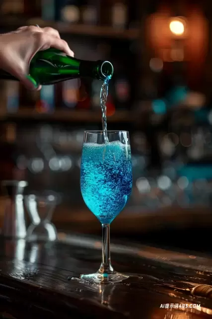 蓝色起泡的绿色葡萄酒倒入深色木吧台的玻璃中