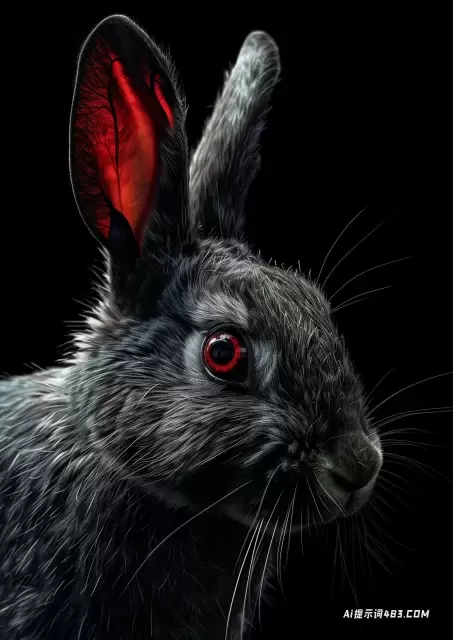 特写兔子在黑色背景上的红色眼睛