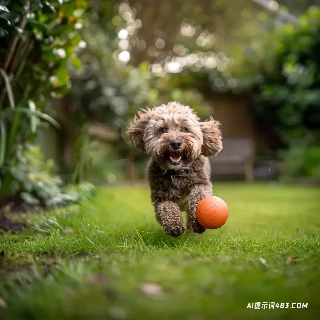 逼真的摄影: 狗在花园里玩球