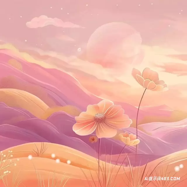 异想天开的花朵插图与梦幻般的粉红色和橙色天空背景