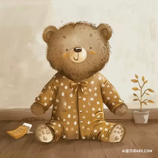 儿童故事书插图: 穿着睡衣的快乐熊